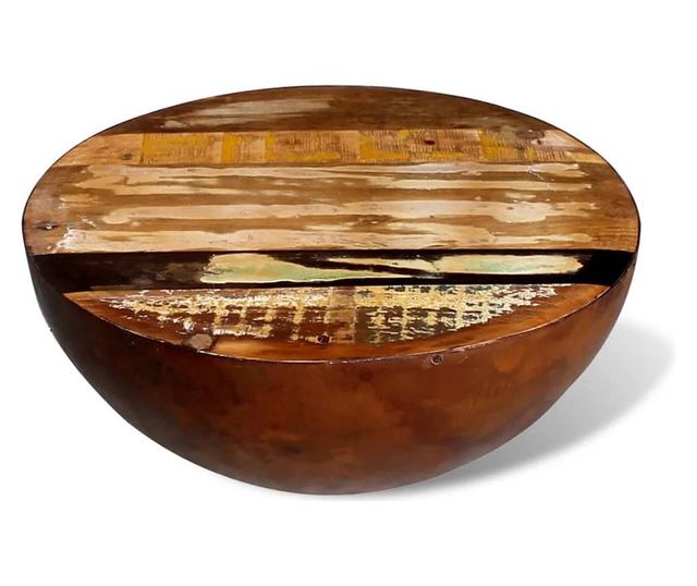 Măsuță cafea, formă de bol, bază din oțel, lemn masiv reciclat