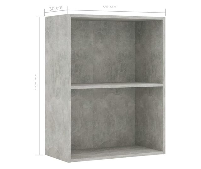 Bibliotecă cu 2 rafturi, gri beton, 60 x 30 x 76,5 cm, PAL