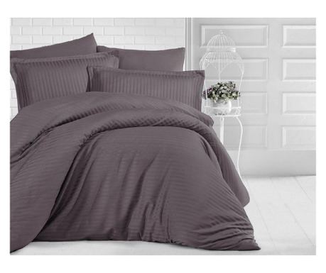 Lenjerie de pat matrimonial cu husa de perna dreptunghiulara, elegance, damasc, dunga 1 cm 130 g/mp, kahverengi, bumbac 10 Sofi 