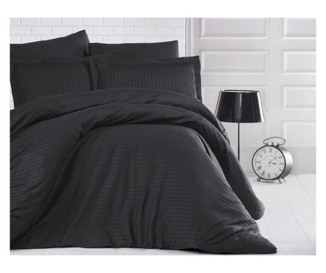 Lenjerie de pat pentru o persoana cu husa elastic pat si fata perna dreptunghiulara, elegance, damasc, dunga 1 cm 130 g/mp, negr