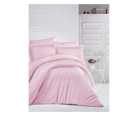 Lenjerie de pat pentru o persoana cu husa elastic pat si fata perna dreptunghiulara, elegance, damasc, dunga 1 cm 130 g/mp, roz,