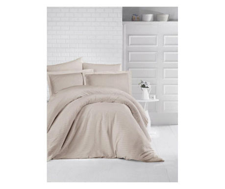 Lenjerie de pat pentru o persoana cu husa elastic pat si fata perna dreptunghiulara, elegance, damasc, dunga 1 cm 130 g/mp, bej