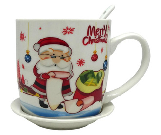 Set 2 cesti de ceai cu lingurite si farfurioare Aroma Land, Christmas, ceramica, multicolor