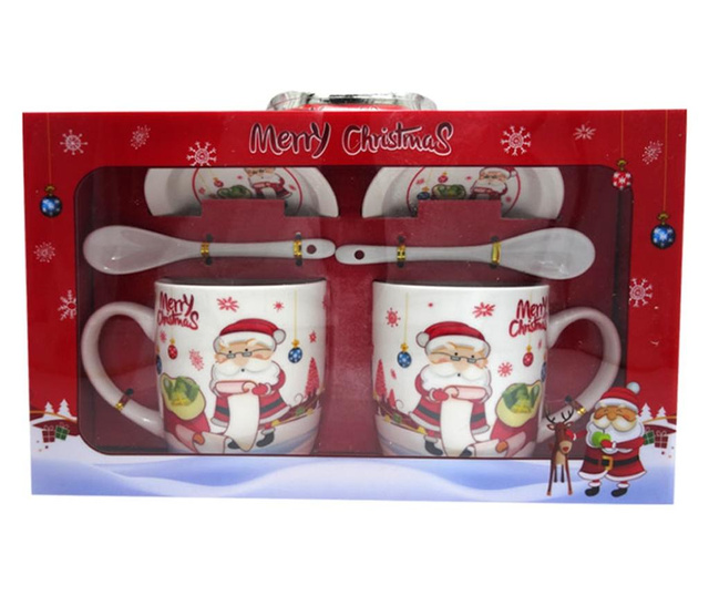 Set 2 cesti de ceai cu lingurite si farfurioare Aroma Land, Christmas, ceramica, multicolor