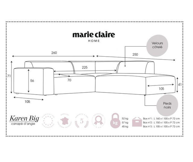 Coltar dreapta Marie Claire Home, Karen Big Light Rose, roz deschis, 260x250x71 cm
