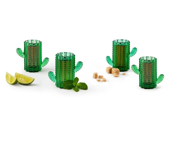 Set 4 pahare pentru lichior Excelsa, Cactus, sticla, verde, 8x5x8 cm