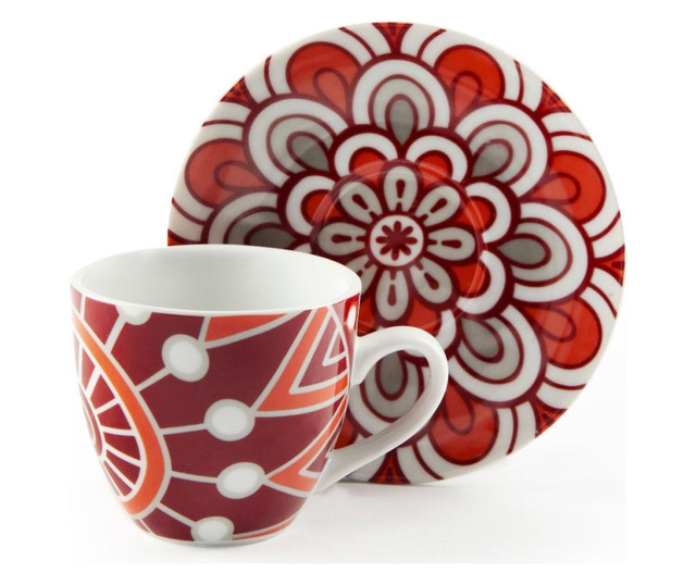 Set 6 cesti de cafea cu farfurioare Excelsa, Mandala Red, portelan, multicolor, 0.1