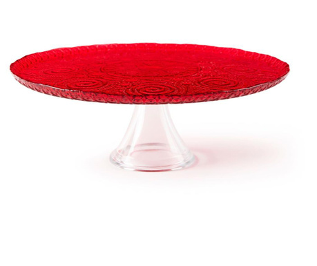 Platou cu picior Excelsa, Red Arabesque, sticla centrifugata, rosu, 31x31x10 cm