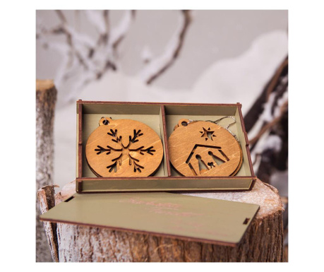 Decoratiuni de Craciun, din lemn, culoare nuc, set 4 bucati + cutie cadou