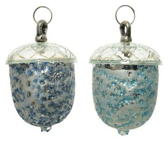 Makk alakú üvegdísz, ezüst/kék, 7x10 cm