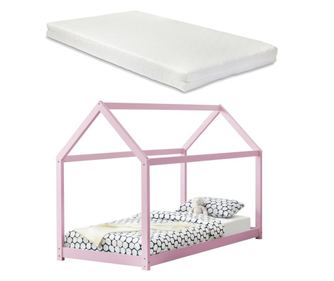 [en.casa] gyermekágy kiságy matraccal házikó formájú 90 x 200 cm rózsaszín