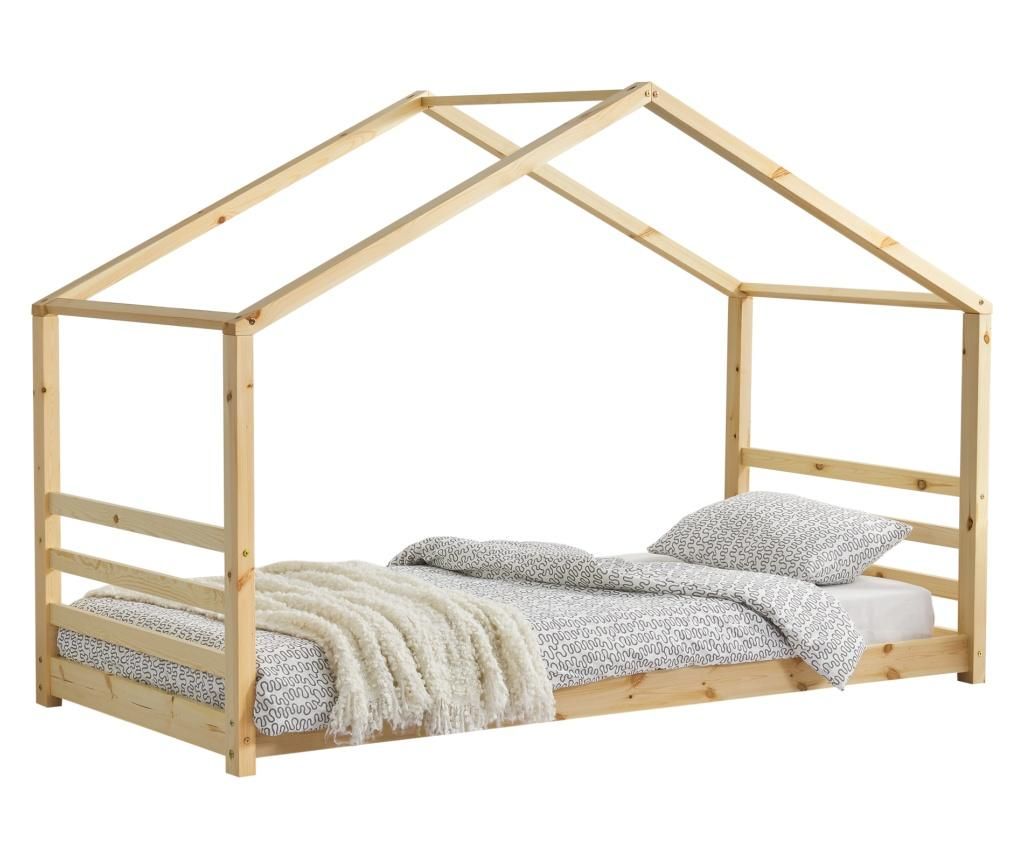  Gyermekágy házikó formájú kiságy fenyőfából gyerekágy natúr fa, 200x90cm [en.casa]