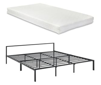 Fémkeretes ágy ágyráccsal és matraccal 180x200cm minimalista stílusú fekete szinterezett [en.casa]