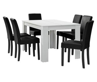 [en.casa] Étkezőasztal 140 x 90 cm 6 műbőr étkezőszék design konyhai asztal székkel nora fehér-fekete garnitúra