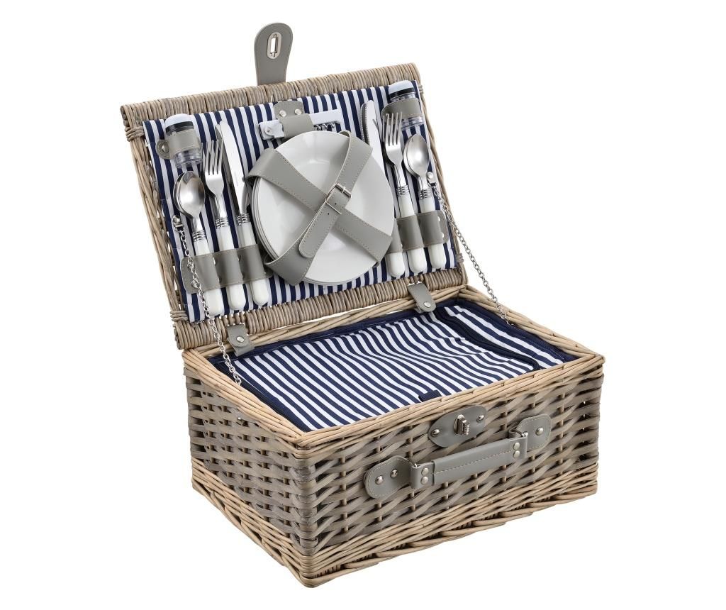 Picnic Basket for 4 People, 40 X 28 X 19 Cm, Wicker/Faux Leather/Textile, Gray/White