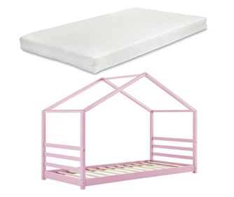 Gyermekágy vardø 200x90 cm ágyráccsal házikóágy gyerekágy fenyőfa rózsaszín [en.casa]