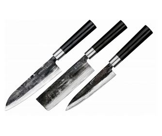 Zestaw noży Samura-Super5, uniwersalny 162 mm, Nakiri 168 mm, Santoku 182 mm, 5-warstwowa stal damasceńska VG-10, HRC 60, srebrn