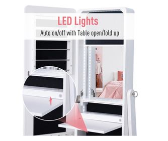 Homcom шкаф за бижута с огледало и автоматично LED осветление, бял, 30x146x36 см