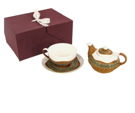 Set ceasca de ceai cu farfurioara si ceainic Vacchetti, ceramica, maro aluna