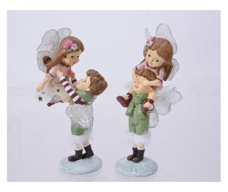 Figurina polirasina copii ingerasi, roz/verde, 17 cm