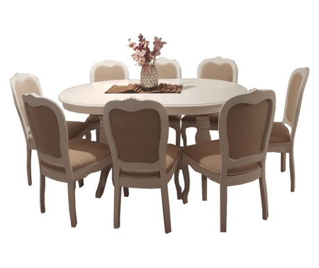 Set masa LF ovala alba, 8 scaune tapitate bej, 160 cm restransa, 280 cm extinsa, 100 cm latime, 75 cm inaltime