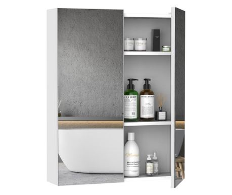 Homcom Fürdőszoba Szekrény 2 Billenőajtóval és Tükörrel Fehér MDF 60 x 75 x 15cm