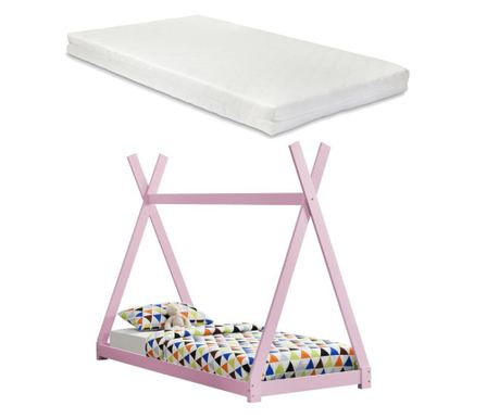 [en.casa] kiságy fenyőfa gyermekágy matraccal 200 x 90 cm sátortetős kialakítás fenyőfa rózsaszín
