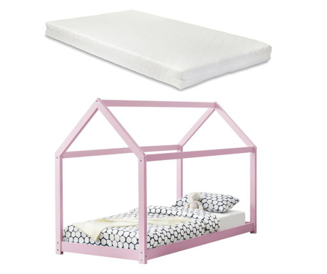 [en.casa] gyermekágy kiságy matraccal házikó formájú 90 x 200 cm rózsaszín