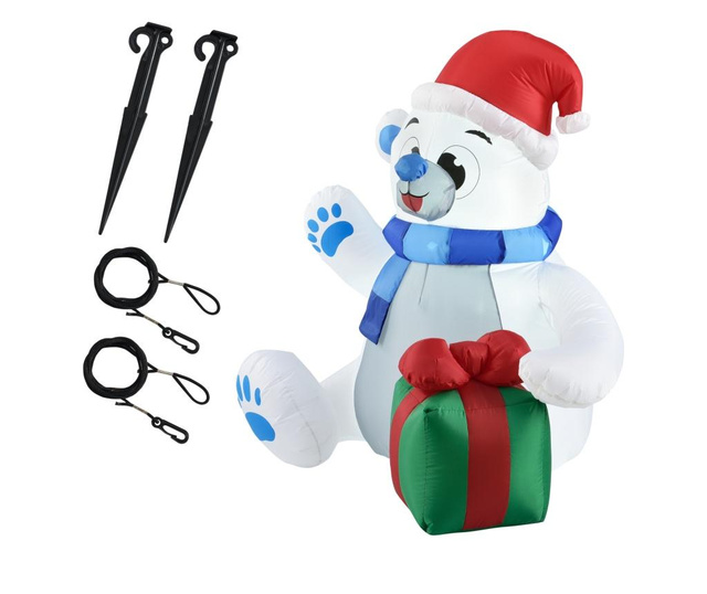 Urs polar gonflabil figurina Craciun iluminata cu LED, 120 x 100 x 70 cm, nylon, alb  Tava: 5,2 X 52,5 X 52,5 Cm, Masa 2: Totala