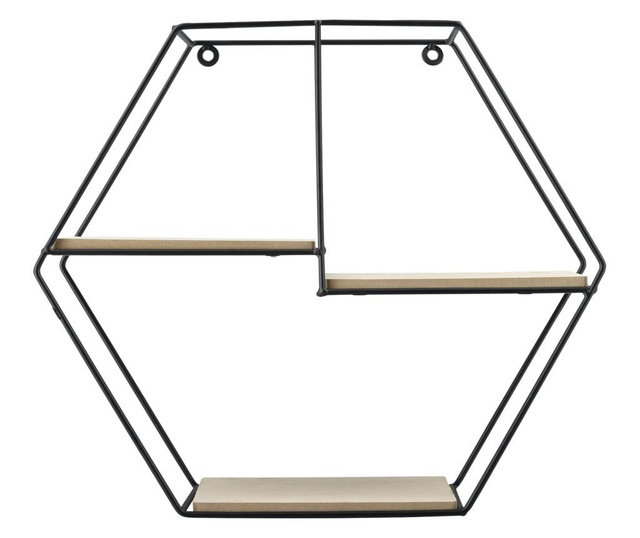 Raft De Perete Hexagon Cu 3 Polite Depozitare, 40 X 12 X 35 Cm, Metal/lemn, Negru/culoarea Lemnului