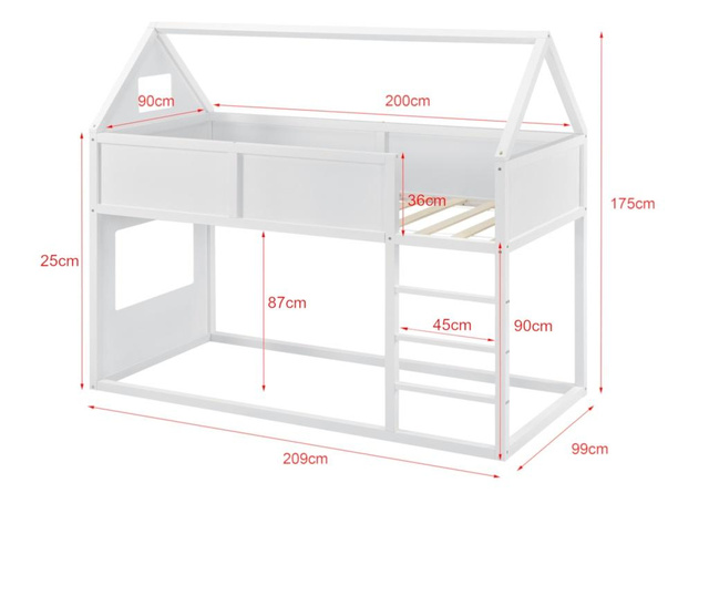 Gyerekágy létrával 90x200 cm emeletes ágy házikóágy fenyőfából magasfekhelyes ágy, fehér [en.casa]