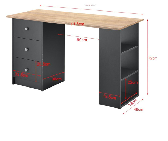 Íróasztal 3 tárolófelülettel és fiókkal, 120x49x72cm, sötétszürke/fa hatású lappal, [en.casa]
