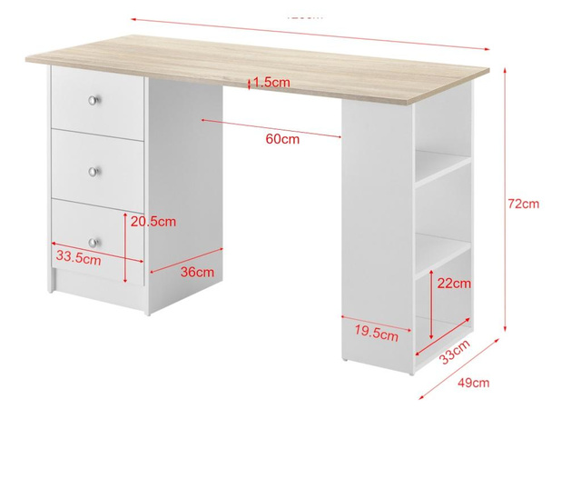 Íróasztal 3 tárolófelülettel és fiókkal, 120x49x72cm, fehér/tölgyfa hatású, [en.casa]
