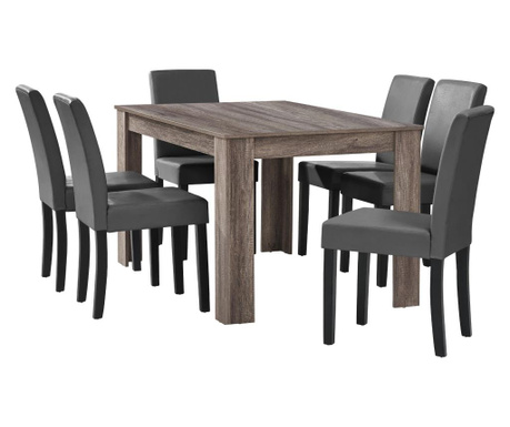 [en.casa] Étkezőasztal 140 x 90 cm 6 műbőr étkezőszék design konyhai asztal székkel nora tölgy/sötétbarna-sötétszürke garnitúra