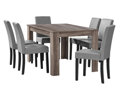 [en.casa] Étkezőasztal 140 x 90 cm 6 műbőr étkezőszék design konyhai asztal székkel nora tölgy/sötétbarna-világos szürke garnit