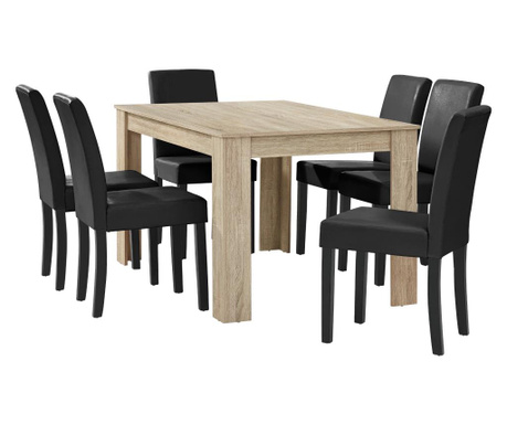 [en.casa] Étkezőasztal 140 x 90 cm 6 műbőr étkezőszék design konyhai asztal székkel nora tölgy/világos barna-fekete garnitúra