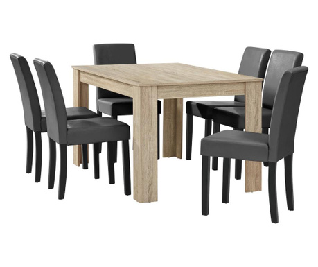 [en.casa] Étkezőasztal 140 x 90 cm 6 műbőr étkezőszék design konyhai asztal székkel nora tölgy/világos barna-sötétszürke garnit