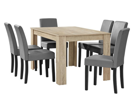 [en.casa] Étkezőasztal 140 x 90 cm 6 műbőr étkezőszék design konyhai asztal székkel nora tölgy/világos barna-szürke garnitúra
