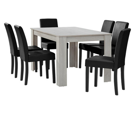 [en.casa] Étkezőasztal 140 x 90 cm 6 műbőr étkezőszék design konyhai asztal székkel nora tölgy/fehér-fekete garnitúra