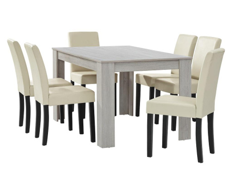 [en.casa] Étkezőasztal 140 x 90 cm 6 műbőr étkezőszék design konyhai asztal székkel nora tölgy/fehér-krémszín garnitúra