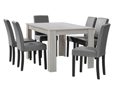 [en.casa] Étkezőasztal 140 x 90 cm 6 műbőr étkezőszék design konyhai asztal székkel nora tölgy/fehér-szürke garnitúra