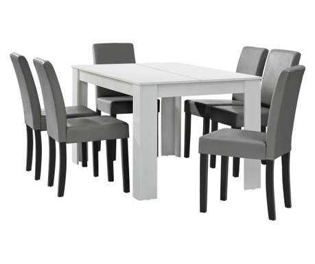 [en.casa] Étkezőasztal 140 x 90 cm 6 műbőr étkezőszék design konyhai asztal székkel nora fehér-szürke garnitúra