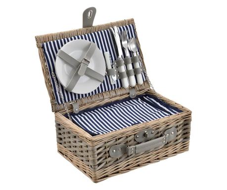 Cos Picnic 2 Persoane, 38 X 25 X 16 Cm, Rachita/poliuretan-imitatie Piele/textil, Gri/alb/albastru