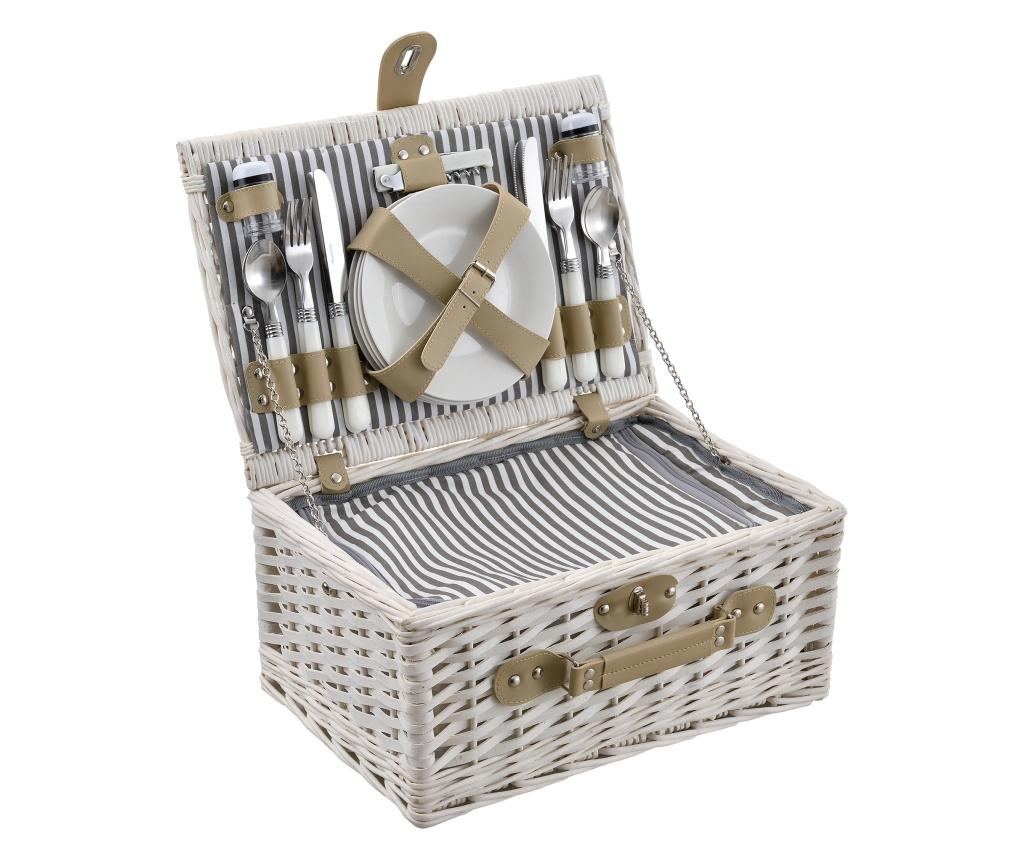 Coș de Picnic pentru 4 Persoane, 40 X 28 X 19 Cm, Ratán/Poliuretan Piele Ecologică/Textil, Alb