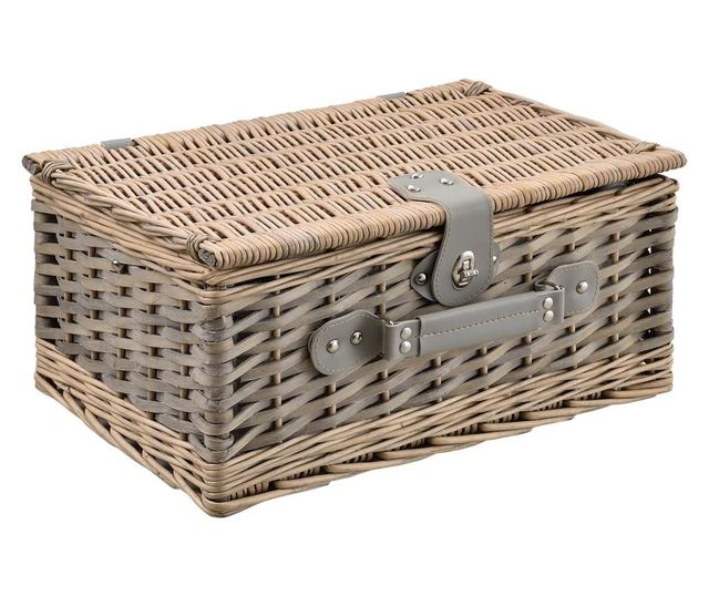 Picnic Basket for 4 People, 40 X 28 X 19 Cm, Wicker/Faux Leather/Textile, Gray/White