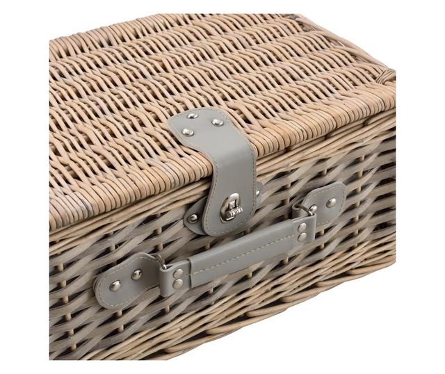 Picnic Basket for 4 People, 40 X 28 X 19 Cm, Wicker/Faux Leather/Textile, Gray/White