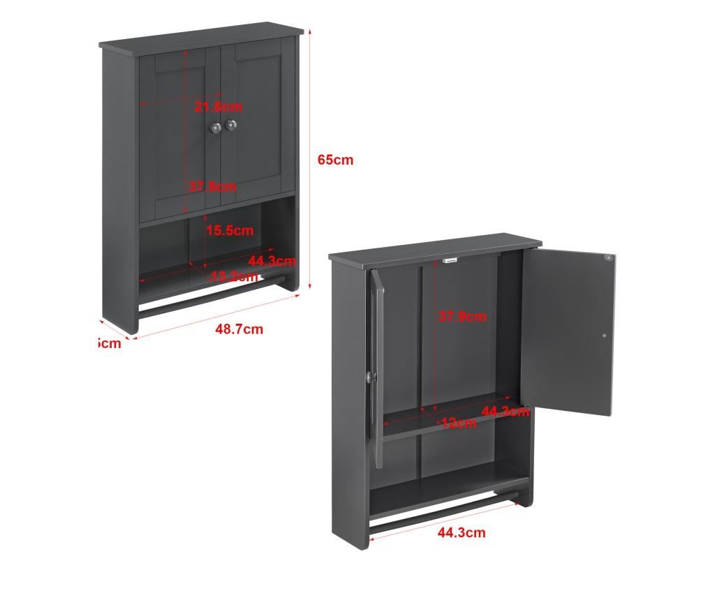 Fürdőszoba fali szekrény steyr kéztörlő tartó rúddal 2 ajtóval 65 x 48,7 x 14,5 cm 5kg/1kg mdf sötétszürke [en.casa] - 2