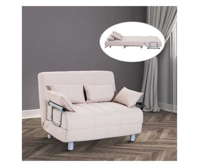 Homcom Canapea Extensibila 2 Locuri Din Otel si Material Cu 4 Perne, Crem Homcom, 191x101x22 cm