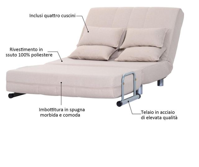Homcom Canapea Extensibila 2 Locuri Din Otel si Material Cu 4 Perne, Crem Homcom, 191x101x22 cm