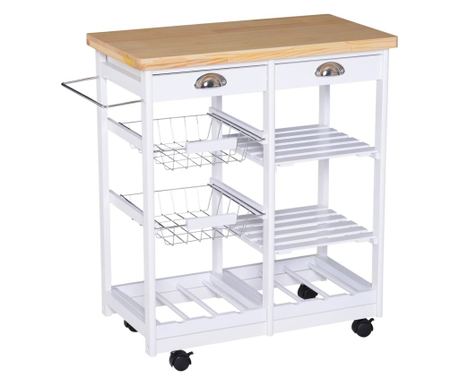 Cărucior de Bucătărie Multifuncțional din Lemn de Pin 74 x 37 x 75cm Alb